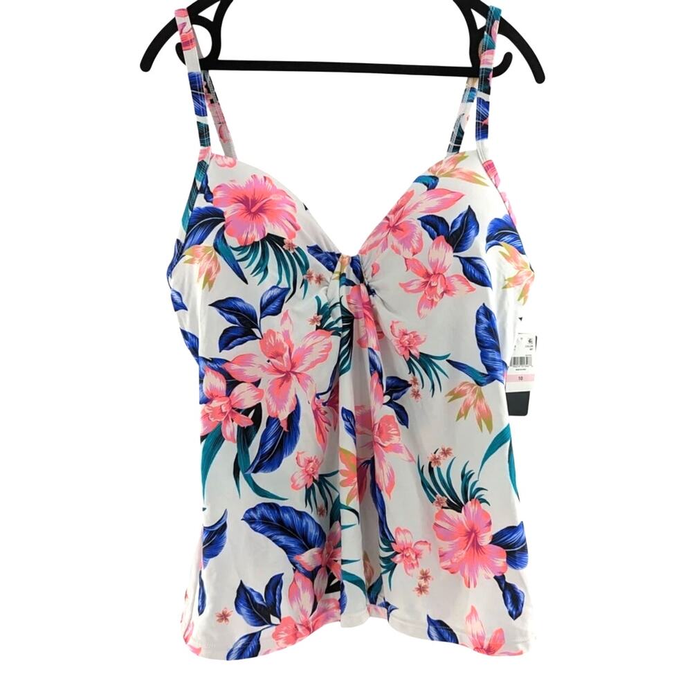 Island Escape Floral Tankini Underwire Tropical Swim Top Size 10 NWT